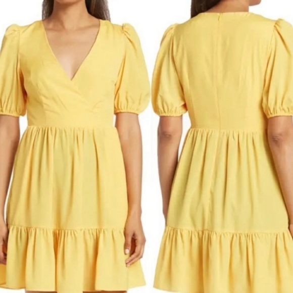 Eliza J Surplice V neck Puff Sleeve Yellow Dress - Picture 4 of 6